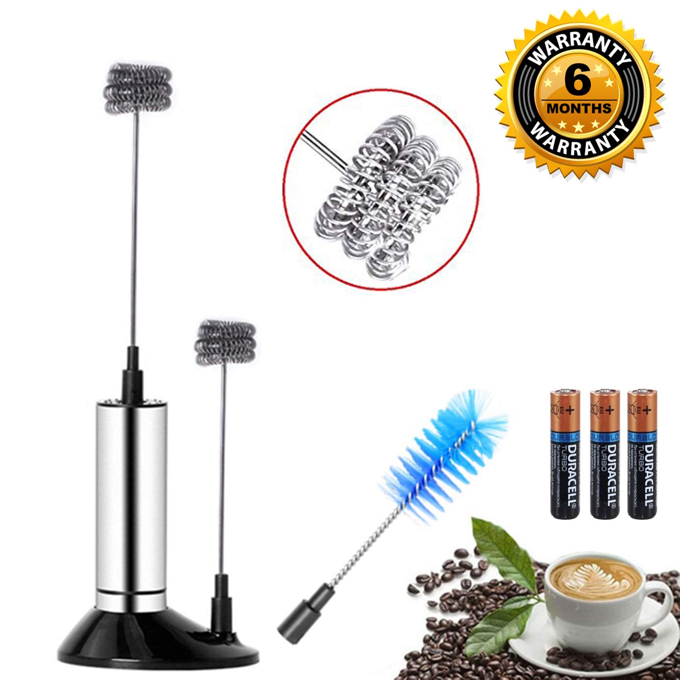 AmiciCare Food Grade Steel Milk Frother Triple Spring with Extra Whisk Head, Washing Brush, Stand and 3 x AAA Batteries